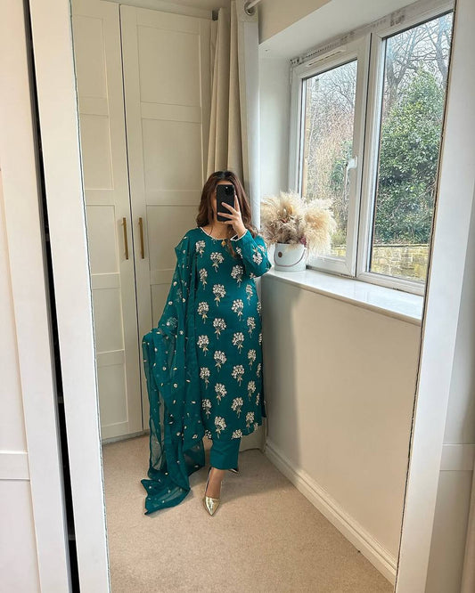 Outstanding Teal Color Heavy Chinon Fabric With Embroidery 5mm Sequence Work Salwar Suit
