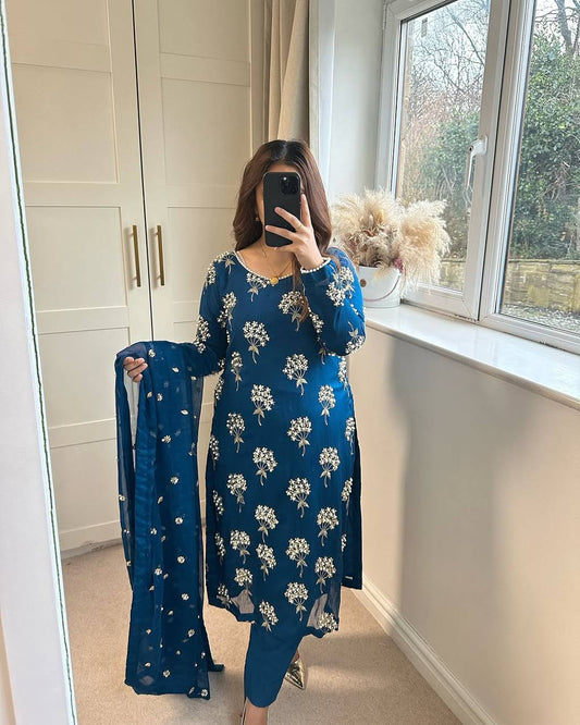 Outstanding Blue Color Heavy Chinon Fabric With Embroidery 5mm Sequence Work Salwar Suit