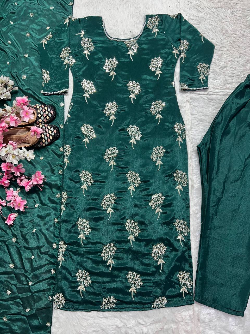 Outstanding Green Heavy Chinon Fabric With Embroidery 5mm Sequence Work Salwar Suit