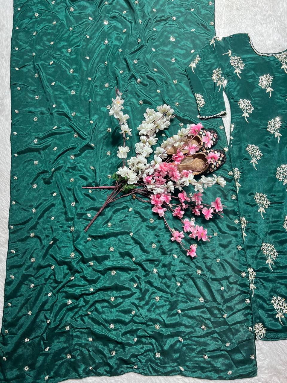 Outstanding Green Heavy Chinon Fabric With Embroidery 5mm Sequence Work Salwar Suit
