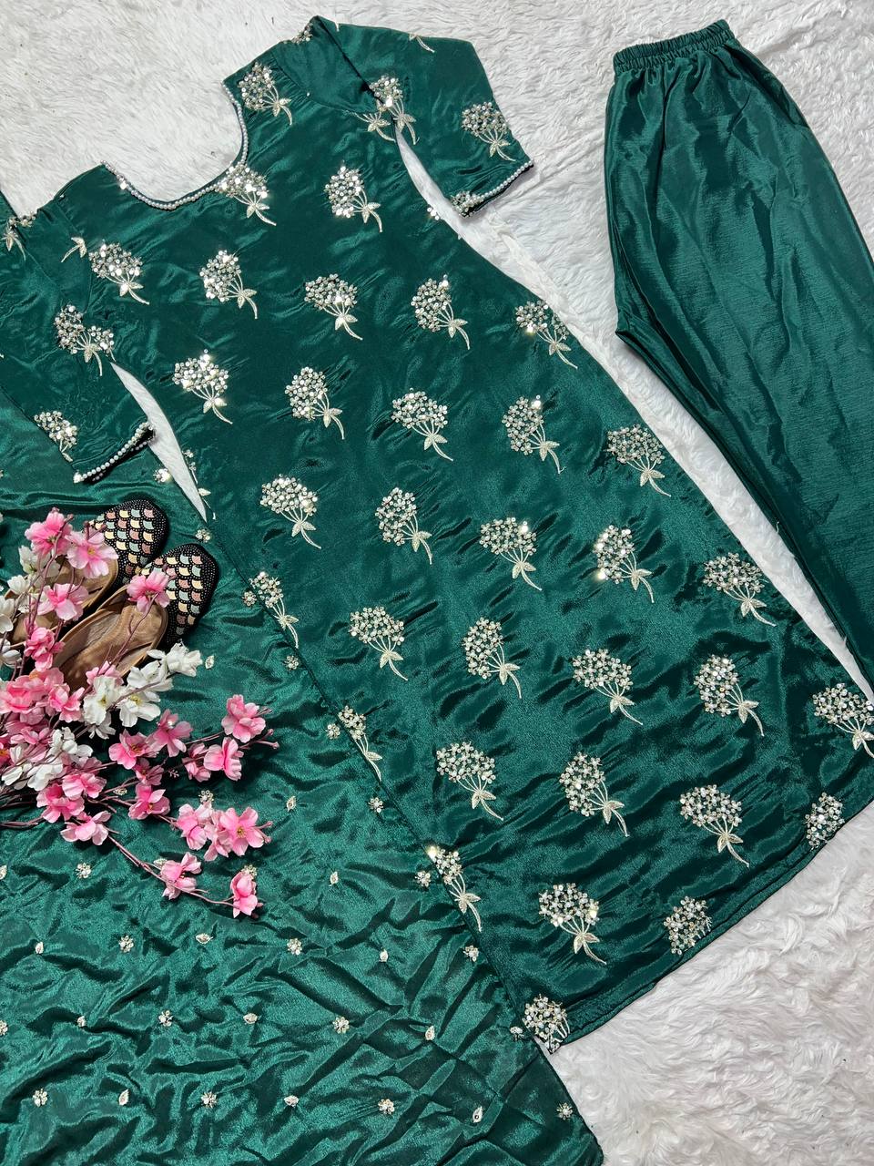 Outstanding Green Heavy Chinon Fabric With Embroidery 5mm Sequence Work Salwar Suit