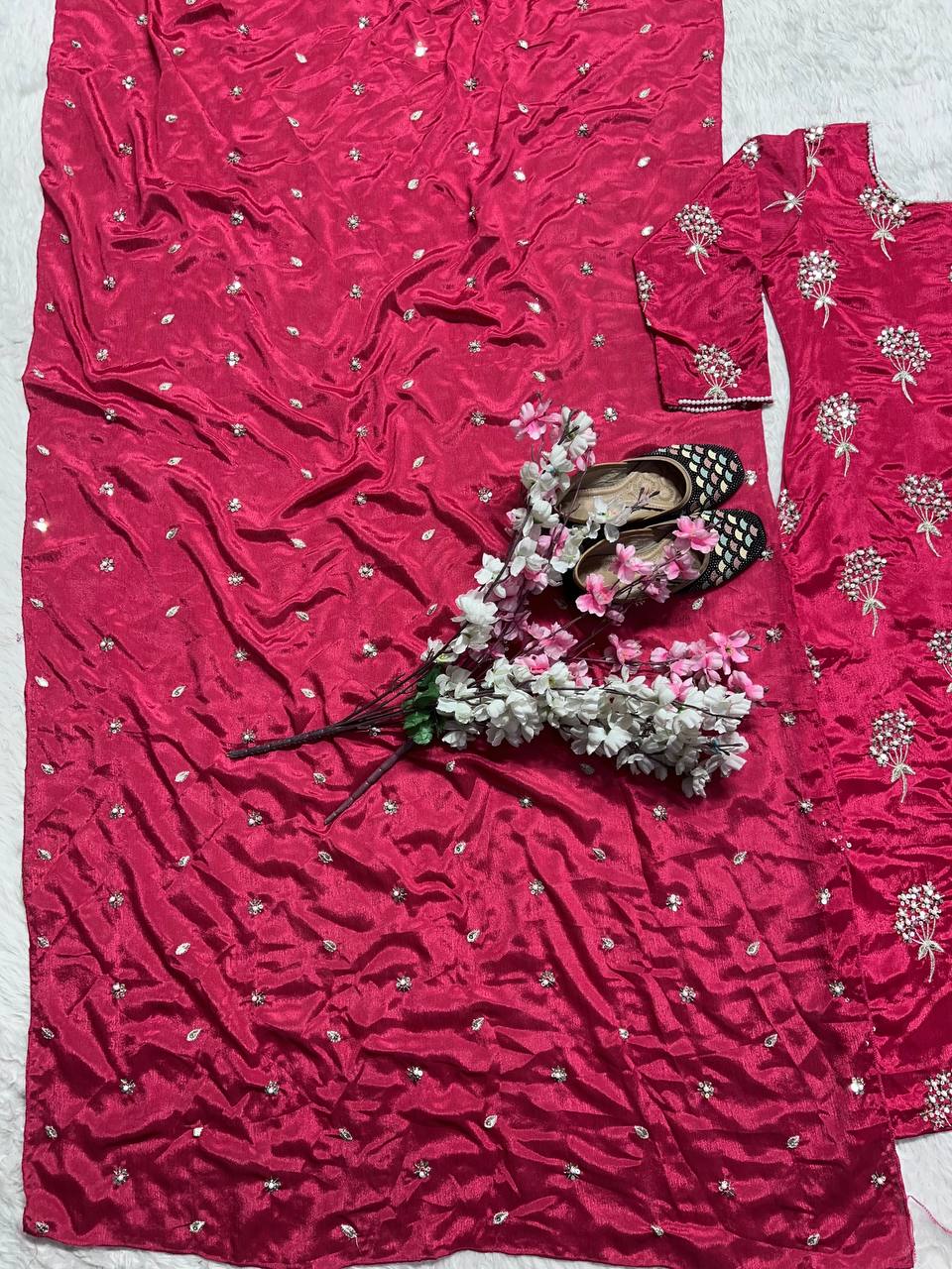 Outstanding Pink Color Heavy Chinon Fabric With Embroidery 5mm Sequence Work Salwar Suit