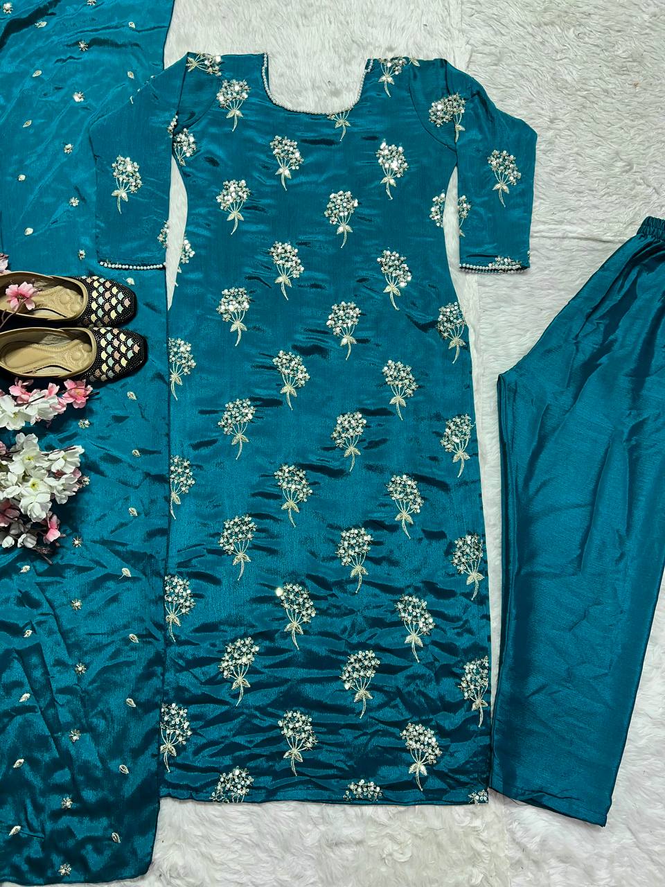 Outstanding Teal Color Heavy Chinon Fabric With Embroidery 5mm Sequence Work Salwar Suit