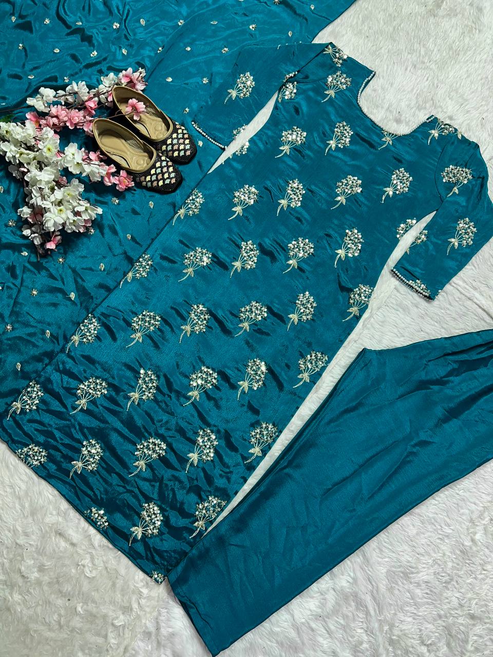 Outstanding Teal Color Heavy Chinon Fabric With Embroidery 5mm Sequence Work Salwar Suit