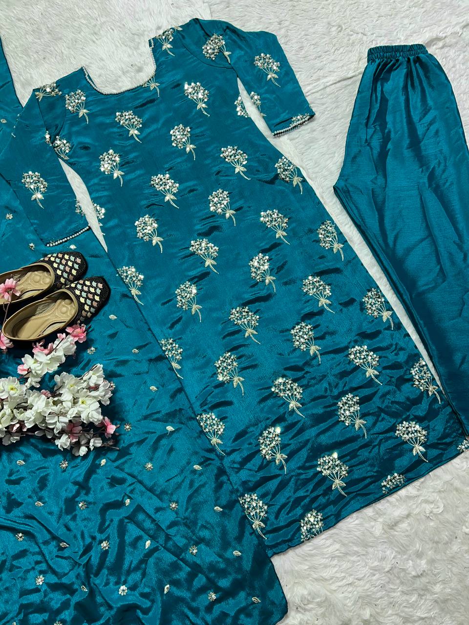 Outstanding Teal Color Heavy Chinon Fabric With Embroidery 5mm Sequence Work Salwar Suit