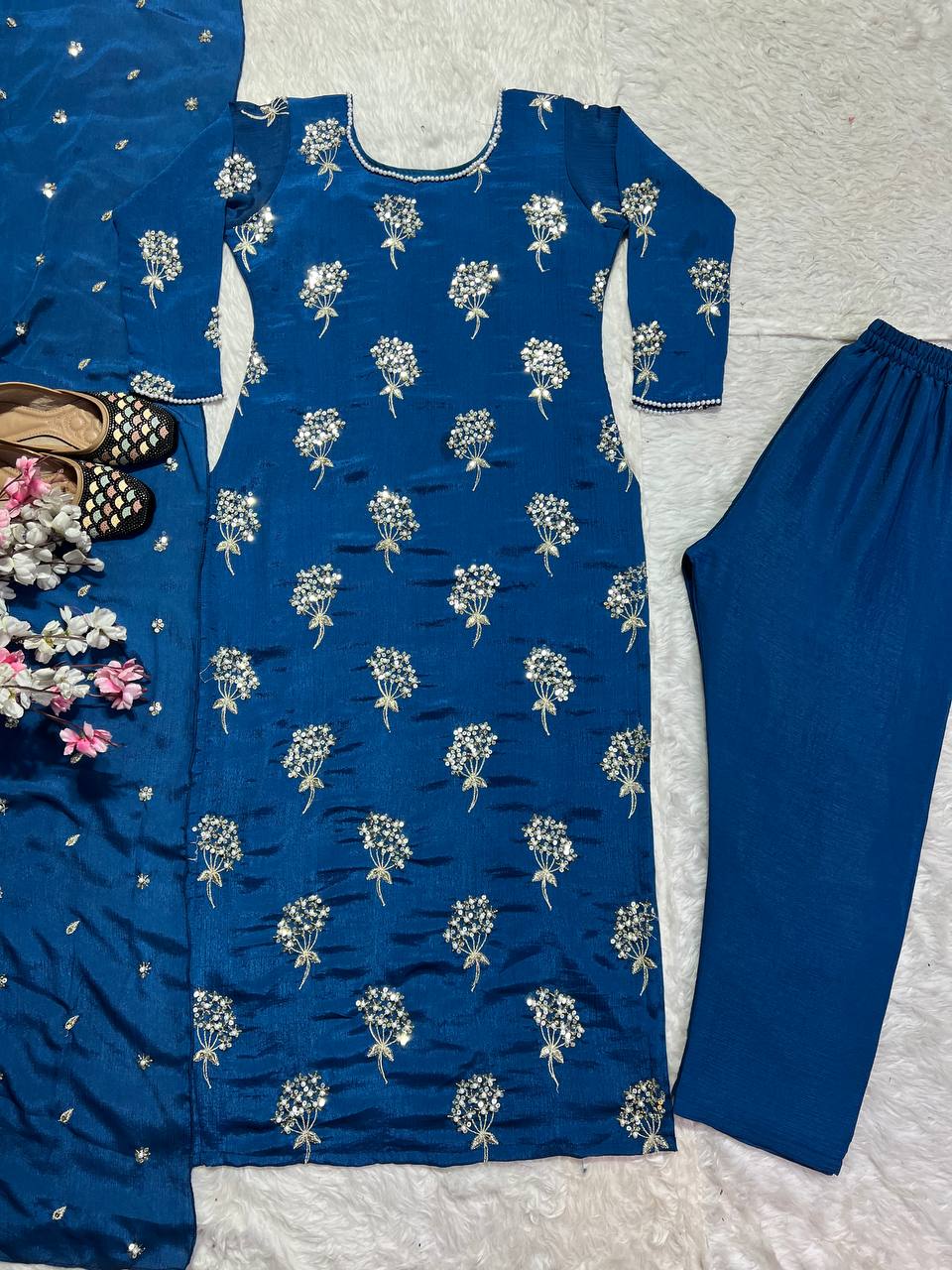 Outstanding Blue Color Heavy Chinon Fabric With Embroidery 5mm Sequence Work Salwar Suit