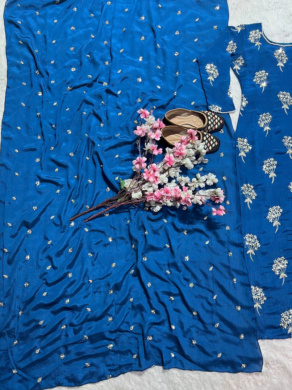 Outstanding Blue Color Heavy Chinon Fabric With Embroidery 5mm Sequence Work Salwar Suit