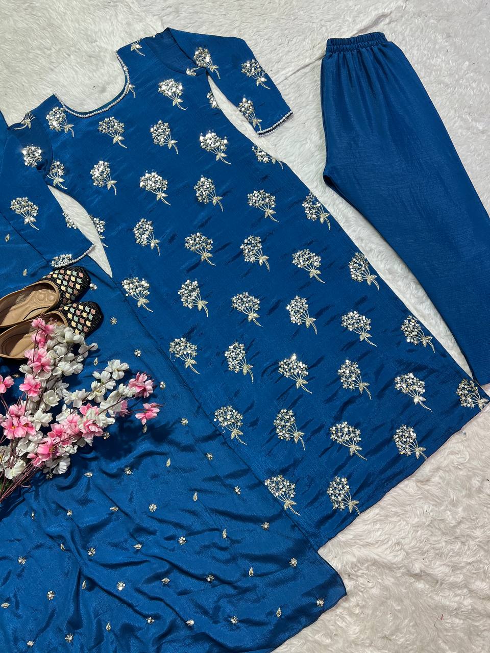 Outstanding Blue Color Heavy Chinon Fabric With Embroidery 5mm Sequence Work Salwar Suit
