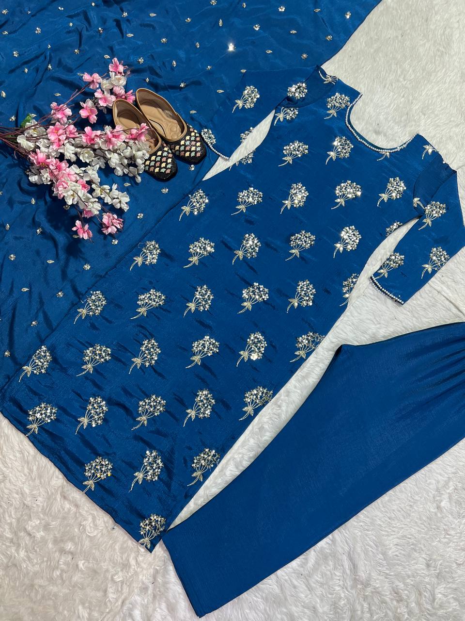 Outstanding Blue Color Heavy Chinon Fabric With Embroidery 5mm Sequence Work Salwar Suit