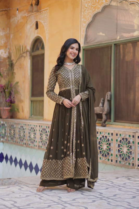 Party Wear Mahendi Green Color Faux Georgette With Embroidered Work Designer Anarkali Suit