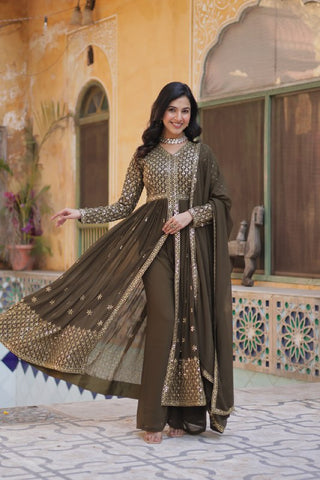 Party Wear Mahendi Green Color Faux Georgette With Embroidered Work Designer Anarkali Suit