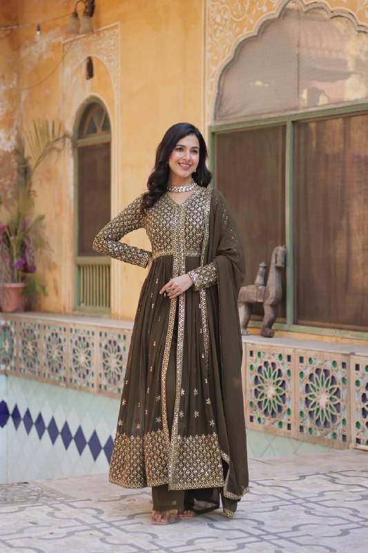Party Wear Mahendi Green Color Faux Georgette With Embroidered Work Designer Anarkali Suit