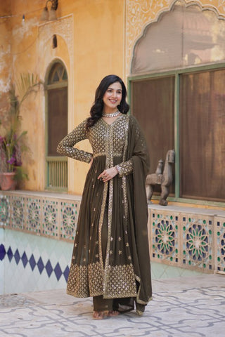 Party Wear Mahendi Green Color Faux Georgette With Embroidered Work Designer Anarkali Suit