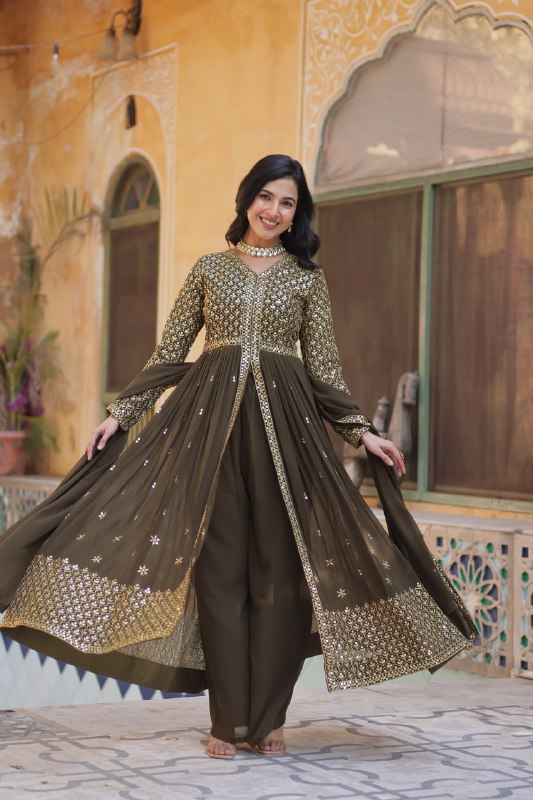 Party Wear Mahendi Green Color Faux Georgette With Embroidered Work Designer Anarkali Suit