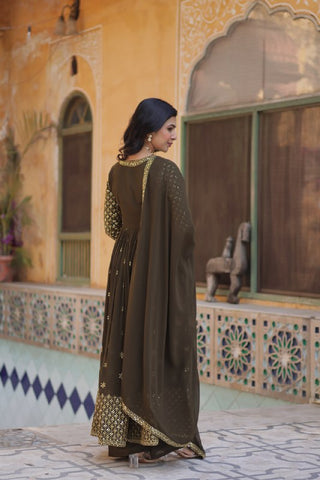 Party Wear Mahendi Green Color Faux Georgette With Embroidered Work Designer Anarkali Suit