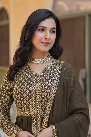 Party Wear Mahendi Green Color Faux Georgette With Embroidered Work Designer Anarkali Suit