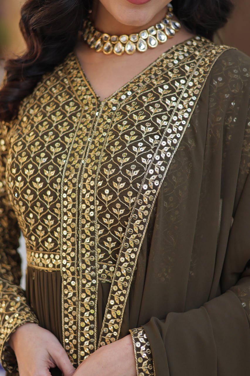 Party Wear Mahendi Green Color Faux Georgette With Embroidered Work Designer Anarkali Suit