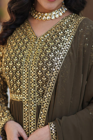 Party Wear Mahendi Green Color Faux Georgette With Embroidered Work Designer Anarkali Suit