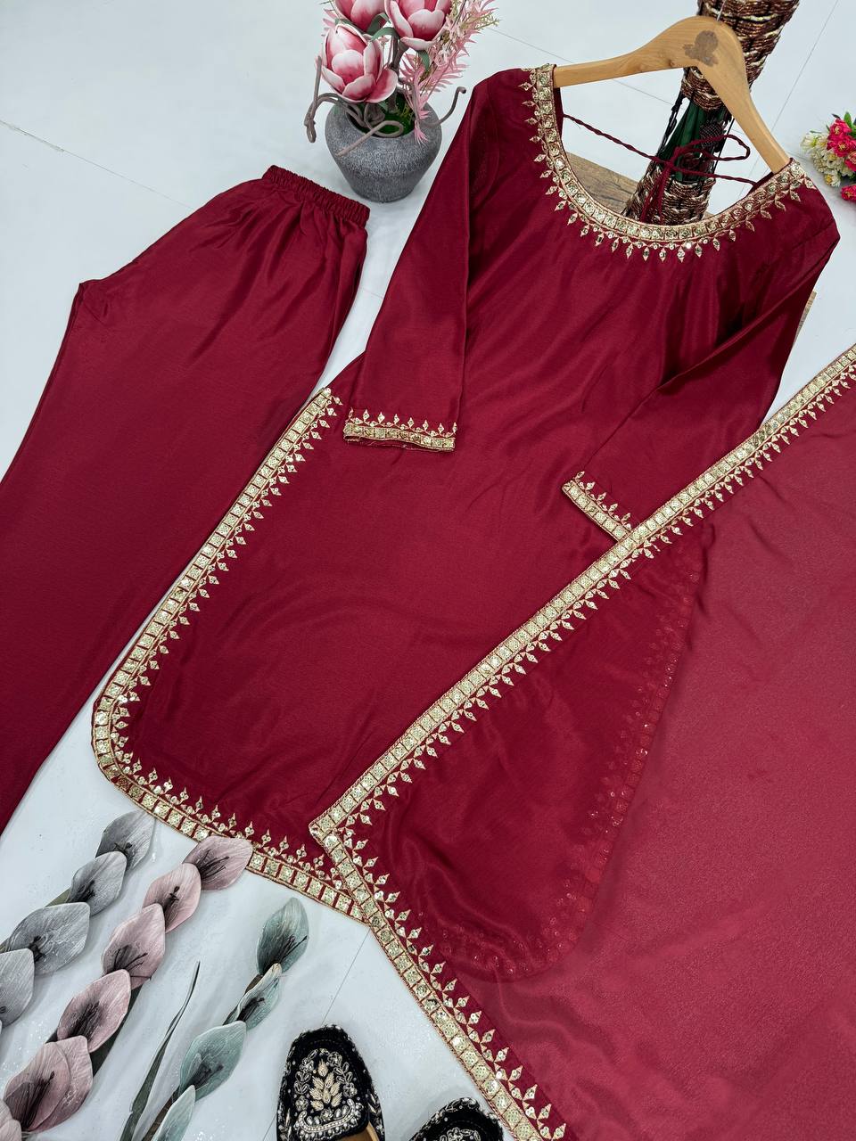 Festive Wear Maroon Color Heavy Chinon Embroidered Sequence Work Salwar Suit