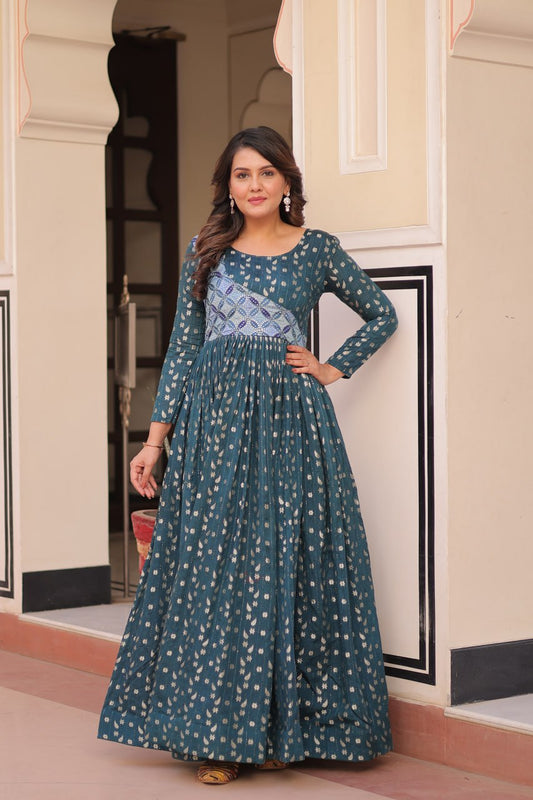 Unique Rama Color Position Print Choli With Staple Jacquard Weaving Work Gown