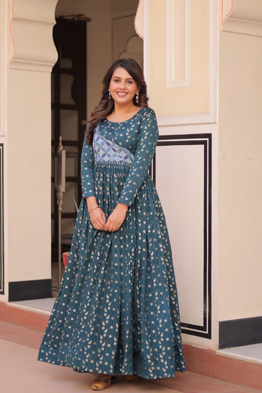 Unique Rama Color Position Print Choli With Staple Jacquard Weaving Work Gown