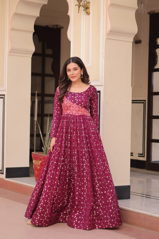 Unique Wine Color Position Print Choli With Staple Jacquard Weaving Work Gown