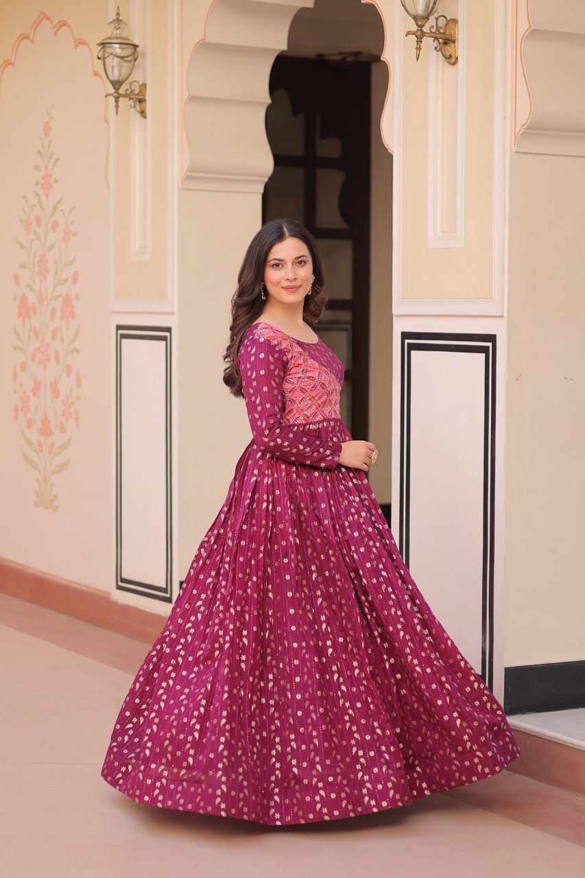 Unique Wine Color Position Print Choli With Staple Jacquard Weaving Work Gown