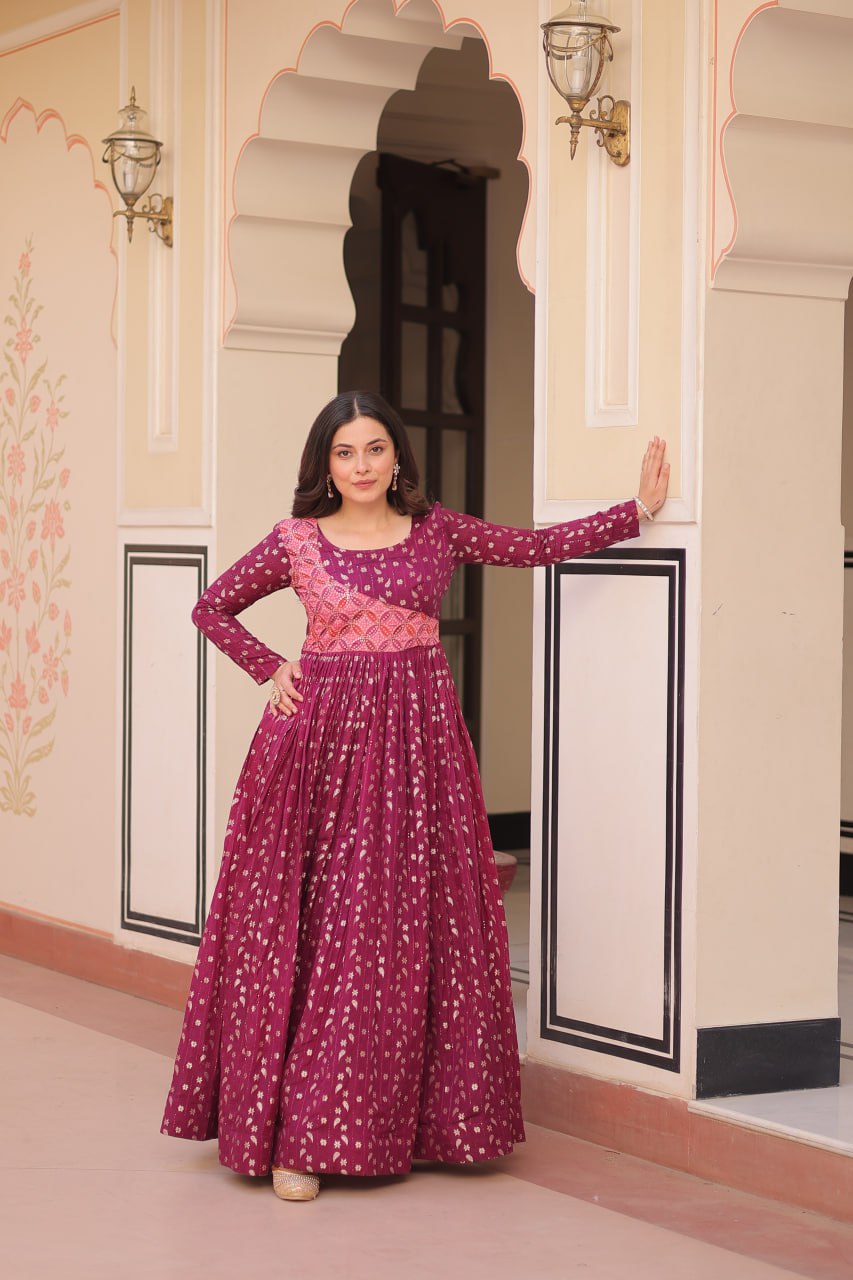 Unique Wine Color Position Print Choli With Staple Jacquard Weaving Work Gown