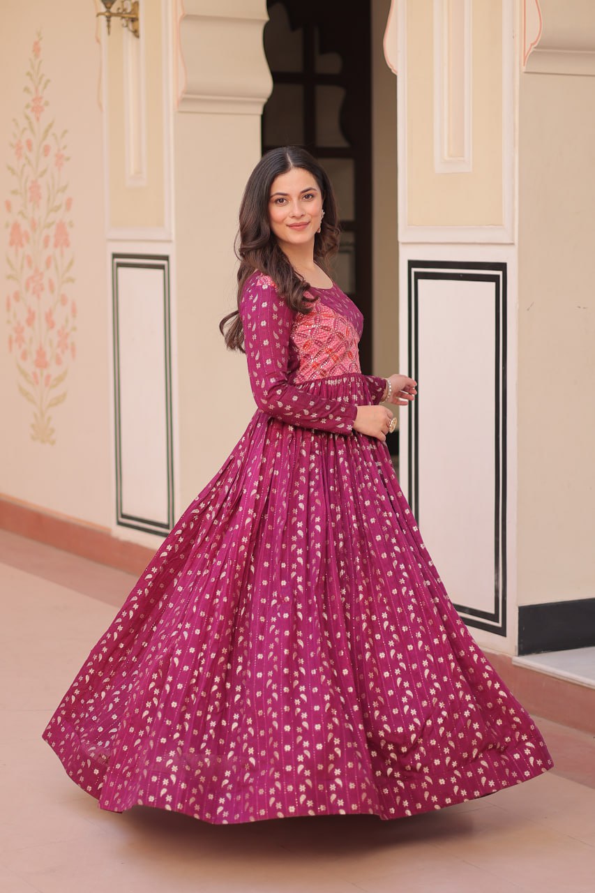 Unique Wine Color Position Print Choli With Staple Jacquard Weaving Work Gown