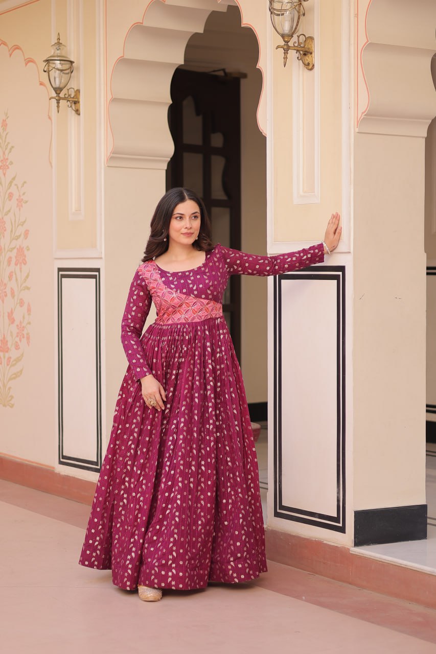 Unique Wine Color Position Print Choli With Staple Jacquard Weaving Work Gown