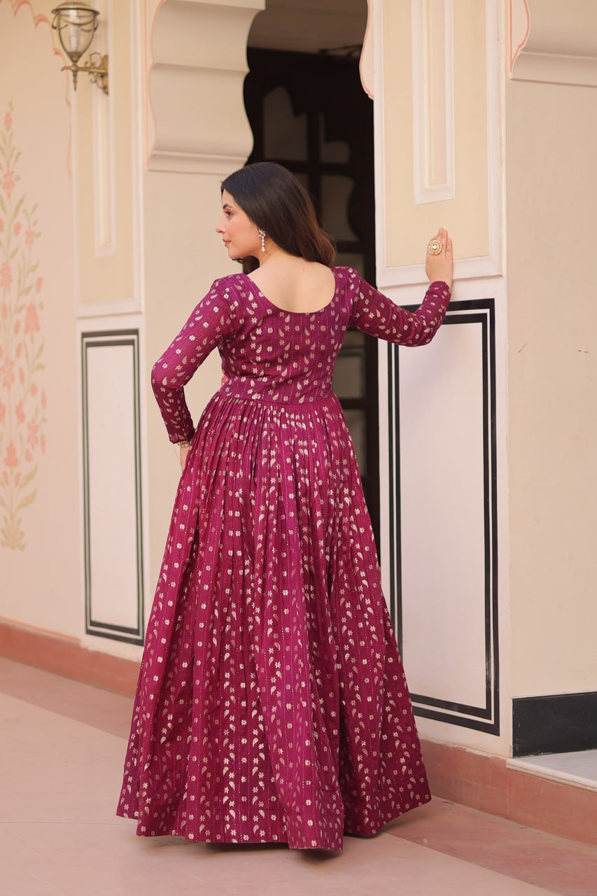 Unique Wine Color Position Print Choli With Staple Jacquard Weaving Work Gown