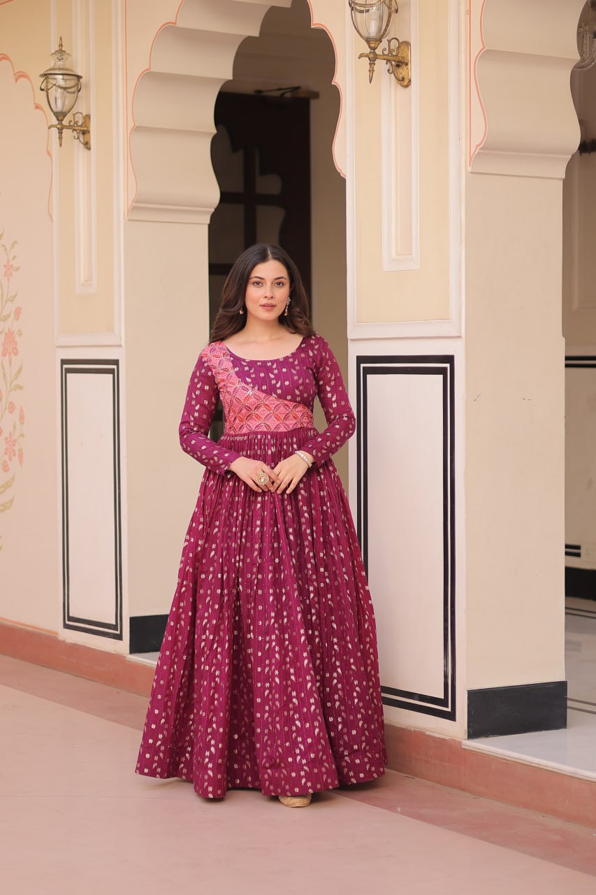 Unique Wine Color Position Print Choli With Staple Jacquard Weaving Work Gown