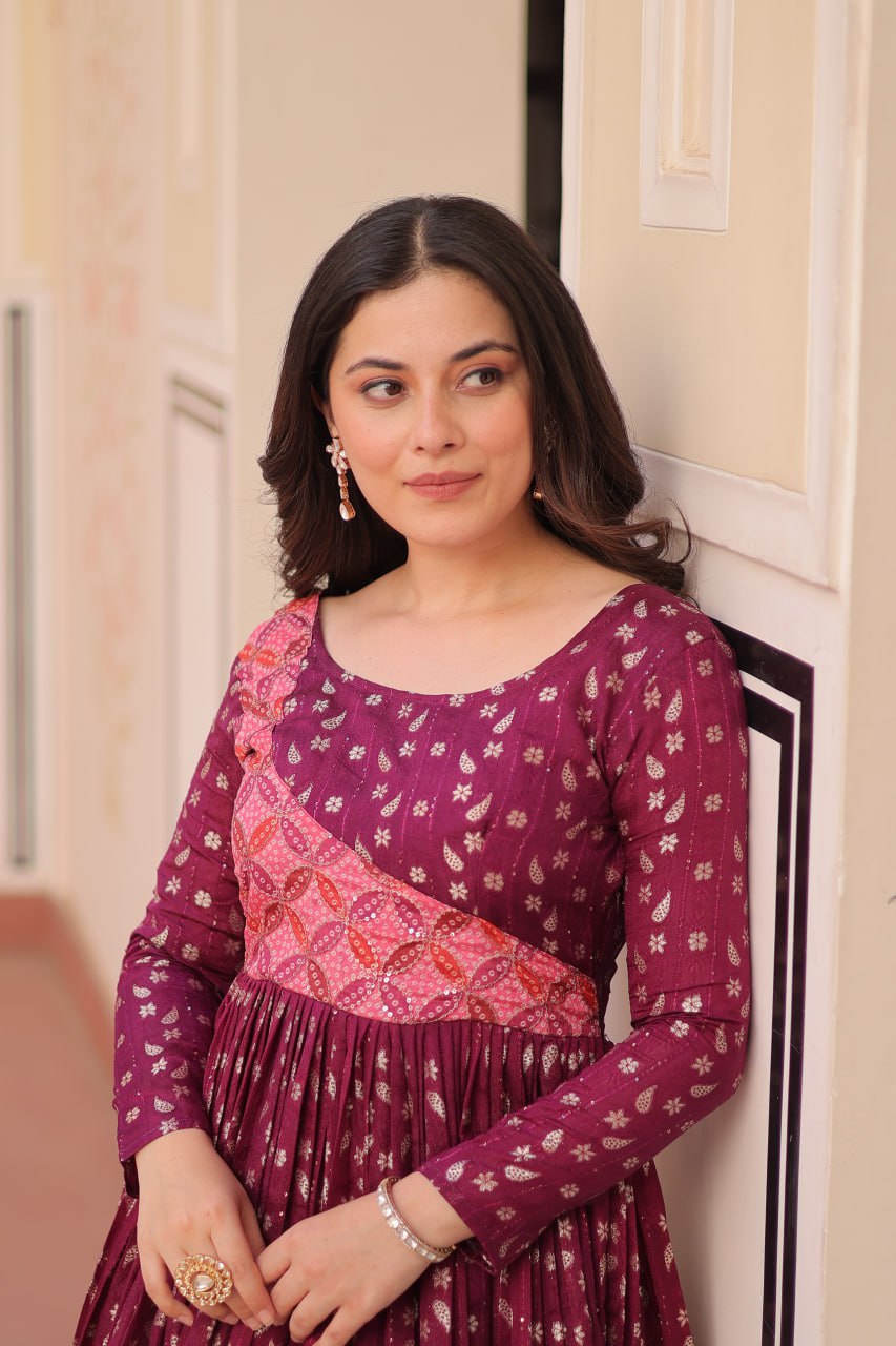 Unique Wine Color Position Print Choli With Staple Jacquard Weaving Work Gown