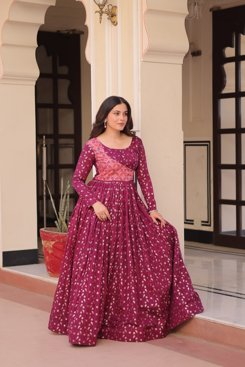 Unique Wine Color Position Print Choli With Staple Jacquard Weaving Work Gown