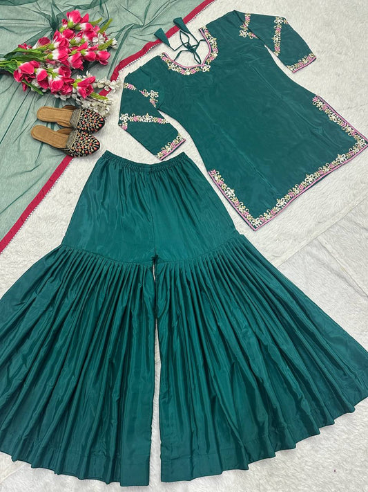 Glossy Teal Green Color Natural Crepe With Heavy Embroidery Work Sharara Suit