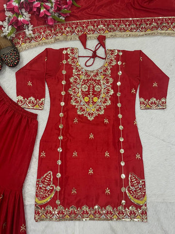Party Wear Red Color Chinon Silk With Heavy Embroidery Work Sharara Suit