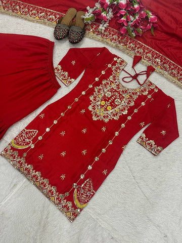 Party Wear Red Color Chinon Silk With Heavy Embroidery Work Sharara Suit