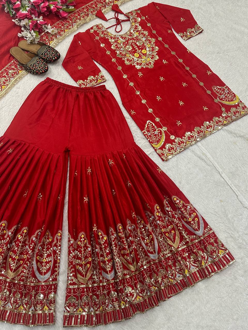 Party Wear Red Color Chinon Silk With Heavy Embroidery Work Sharara Suit