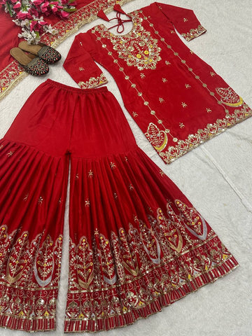 Party Wear Red Color Chinon Silk With Heavy Embroidery Work Sharara Suit
