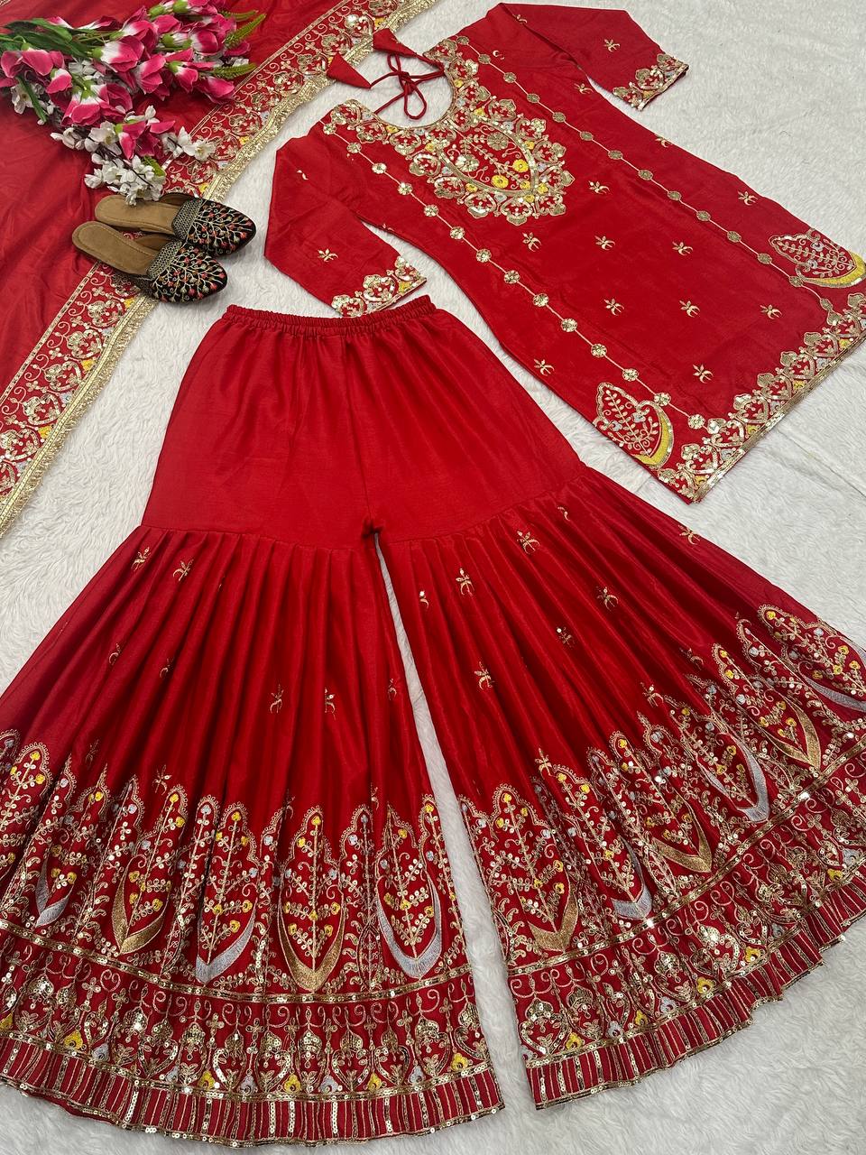 Party Wear Red Color Chinon Silk With Heavy Embroidery Work Sharara Suit