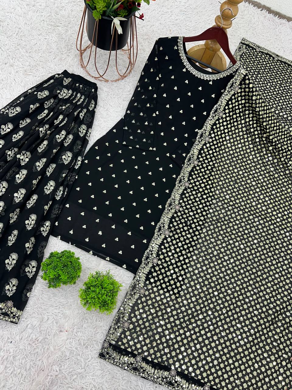 Wedding Wear Black Color Heavy Faux Georgette With Embroidery Sequence Work Palazzo Suit