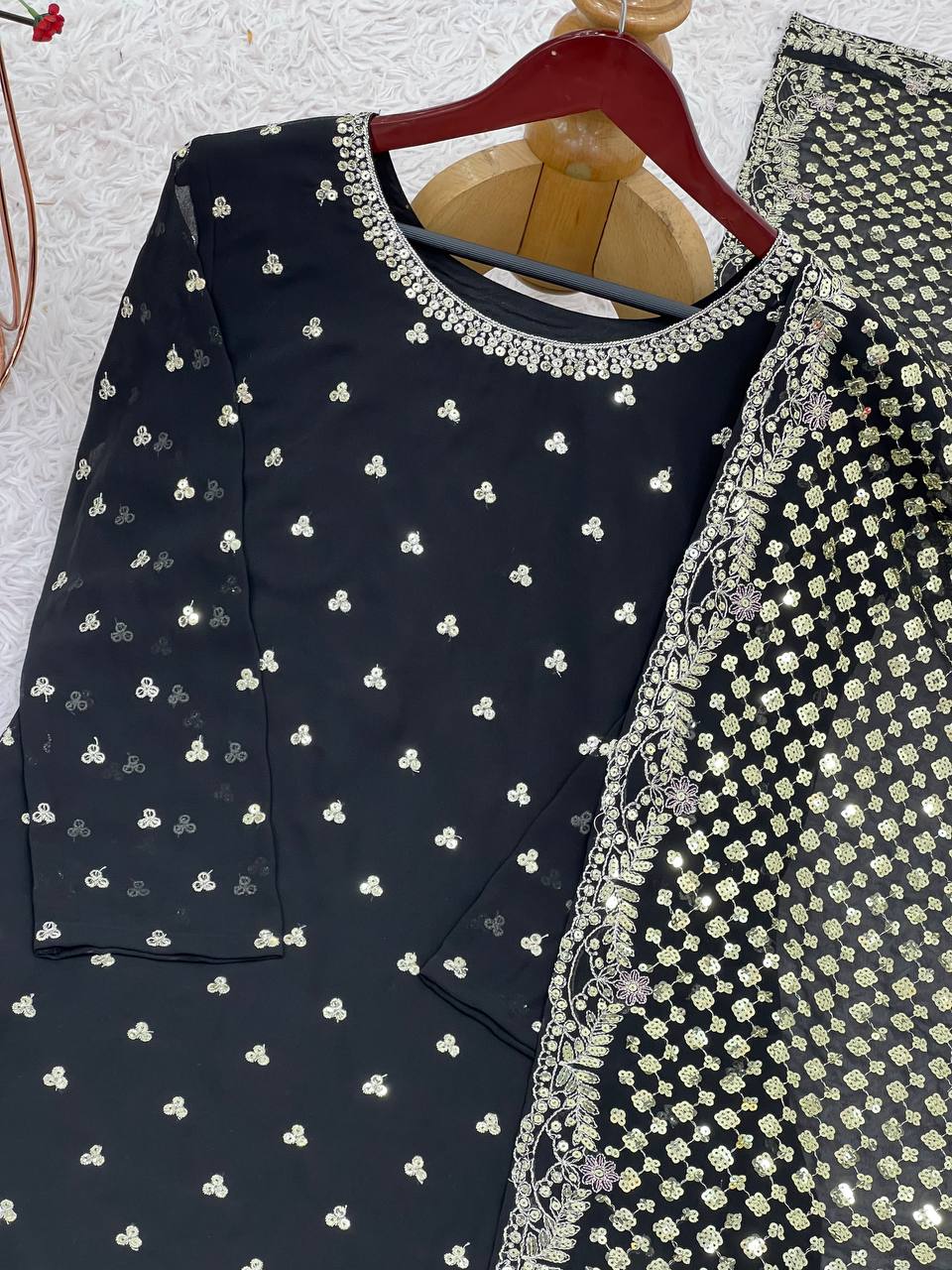 Wedding Wear Black Color Heavy Faux Georgette With Embroidery Sequence Work Palazzo Suit