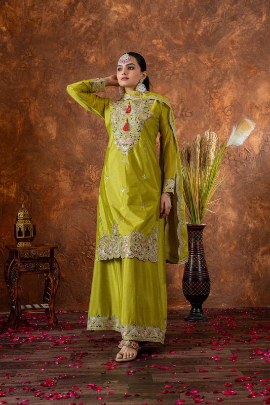Party Wear Parrot Green Heavy Chinon Silk With Embroidery Sequence And Coding Dori Work Palazzo Suit