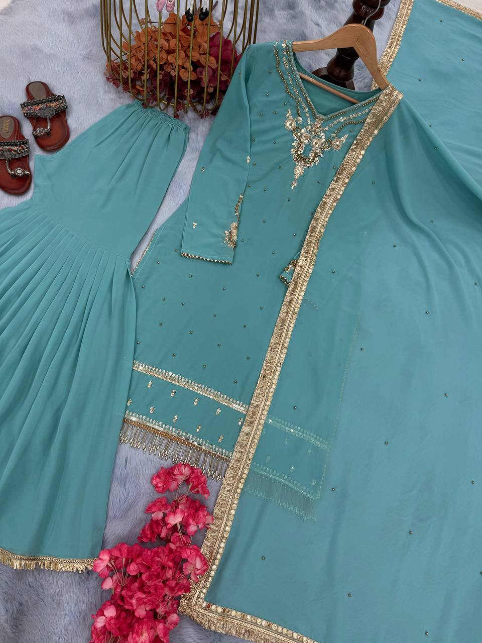 Wedding Wear Sky Blue Color Faux Georgette With Embroidery Sequence Work Sharara Suit