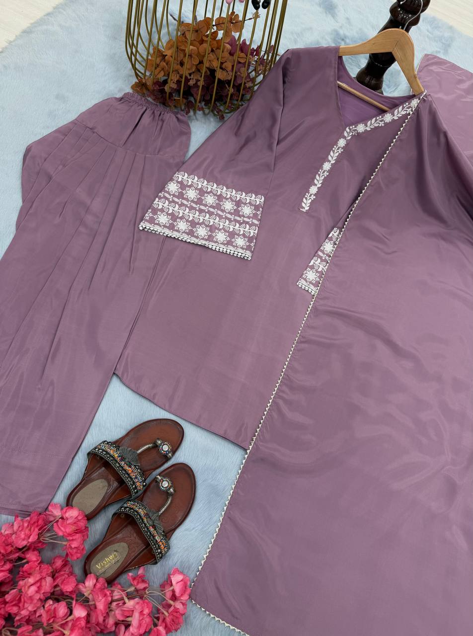 Function Wear Lavender Color Natural Satin With Embroidery Work Beautiful Palazzo Suit