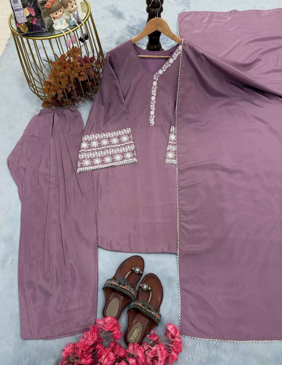 Function Wear Lavender Color Natural Satin With Embroidery Work Beautiful Palazzo Suit