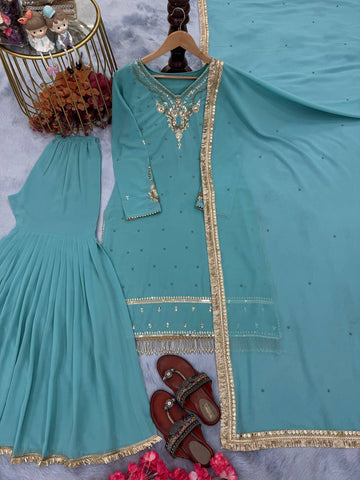 Wedding Wear Sky Blue Color Faux Georgette With Embroidery Sequence Work Sharara Suit