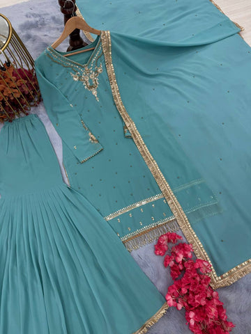Wedding Wear Sky Blue Color Faux Georgette With Embroidery Sequence Work Sharara Suit