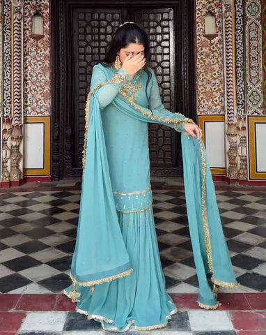 Wedding Wear Sky Blue Color Faux Georgette With Embroidery Sequence Work Sharara Suit