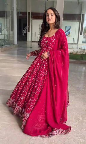 Wedding Wear Pink Color Faux Blooming With Heavy Sequins And Thread Embroidered Work Gown